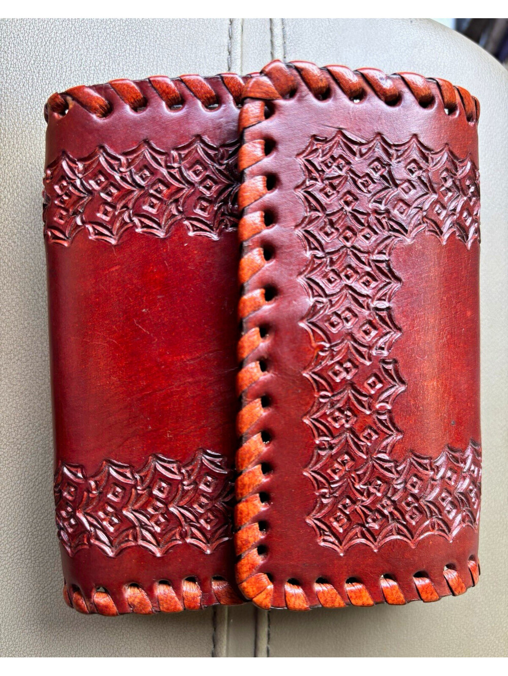 Vintage Hand Tooled Leather Women's Bifold Wallet Brown/Black Geometric Pattern